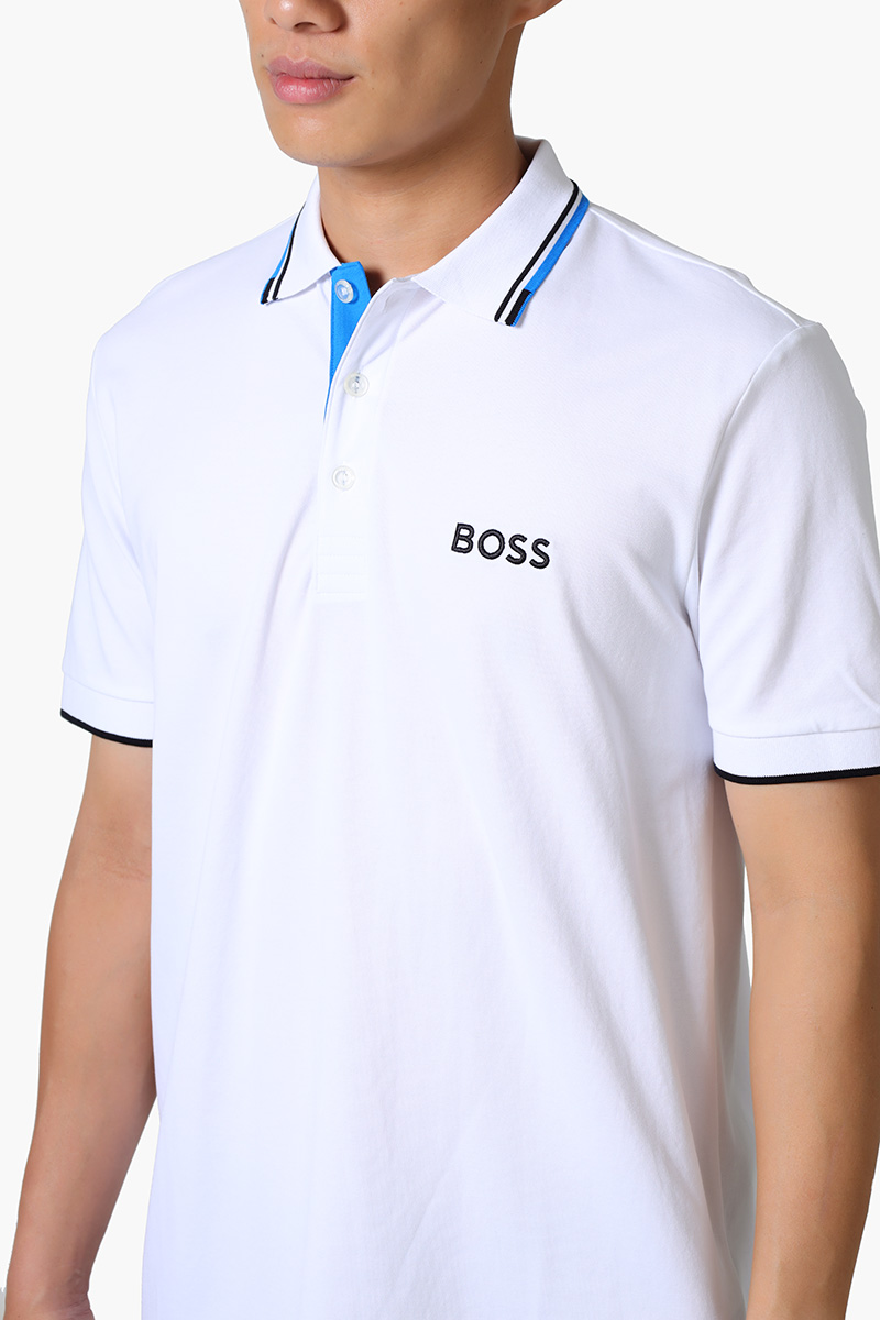 HUGO BOSS Men Contrast Logo Polo Shirt in White/Blue Cotton Blend 3