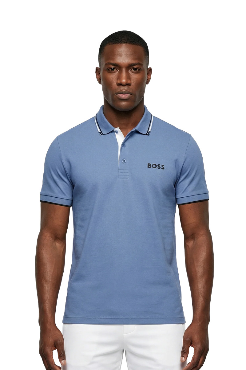 HUGO BOSS Men Contrast Logo Polo Shirt in Steel Blue Cotton Blend 1