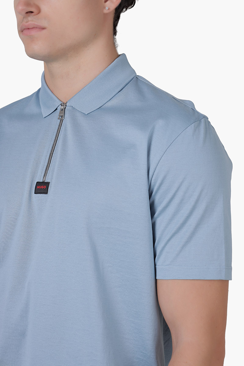 HUGO BOSS Men Deresom223 Mercerised-Cotton Polo Shirt in Light Blue with Zip Placket 3