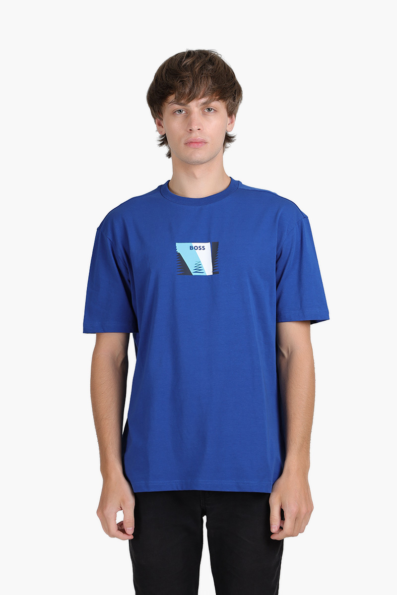 HUGO BOSS Men Tee 6 Relaxed Fit T-Shirt in Bright Blue Stretch Cotton with Printed Artwork 0