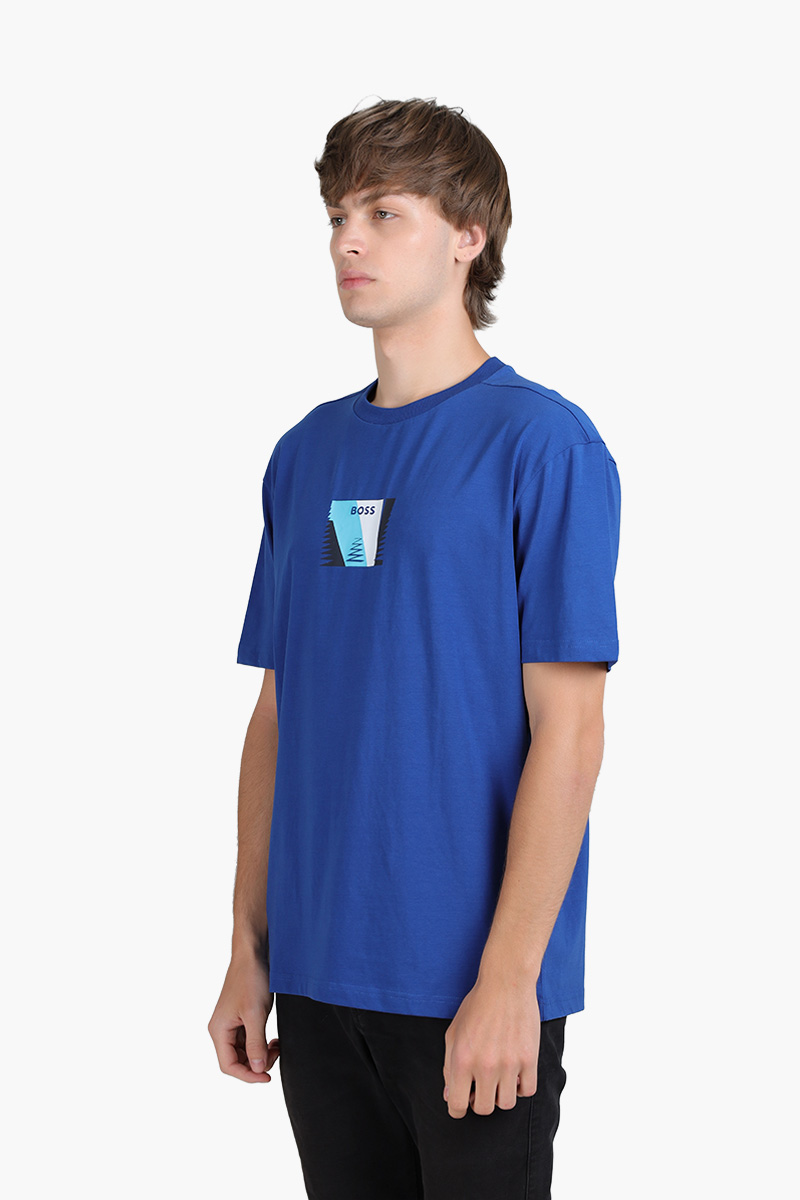 HUGO BOSS Men Tee 6 Relaxed Fit T-Shirt in Bright Blue Stretch Cotton with Printed Artwork 2