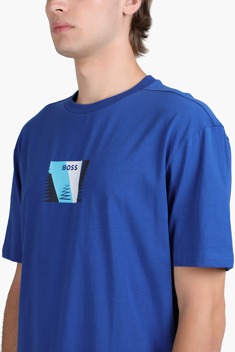 HUGO BOSS Men Tee 6 Relaxed Fit T-Shirt in Bright Blue Stretch Cotton with Printed Artwork 3