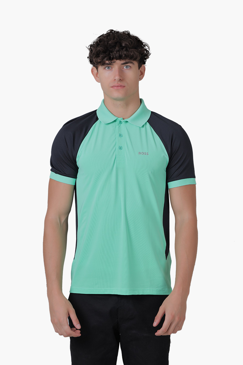 HUGO BOSS Men Pauletech Performance-Stretch Slim Fit Polo Shirt in Turquoise/Dark Blue with Colour-Blocking 0