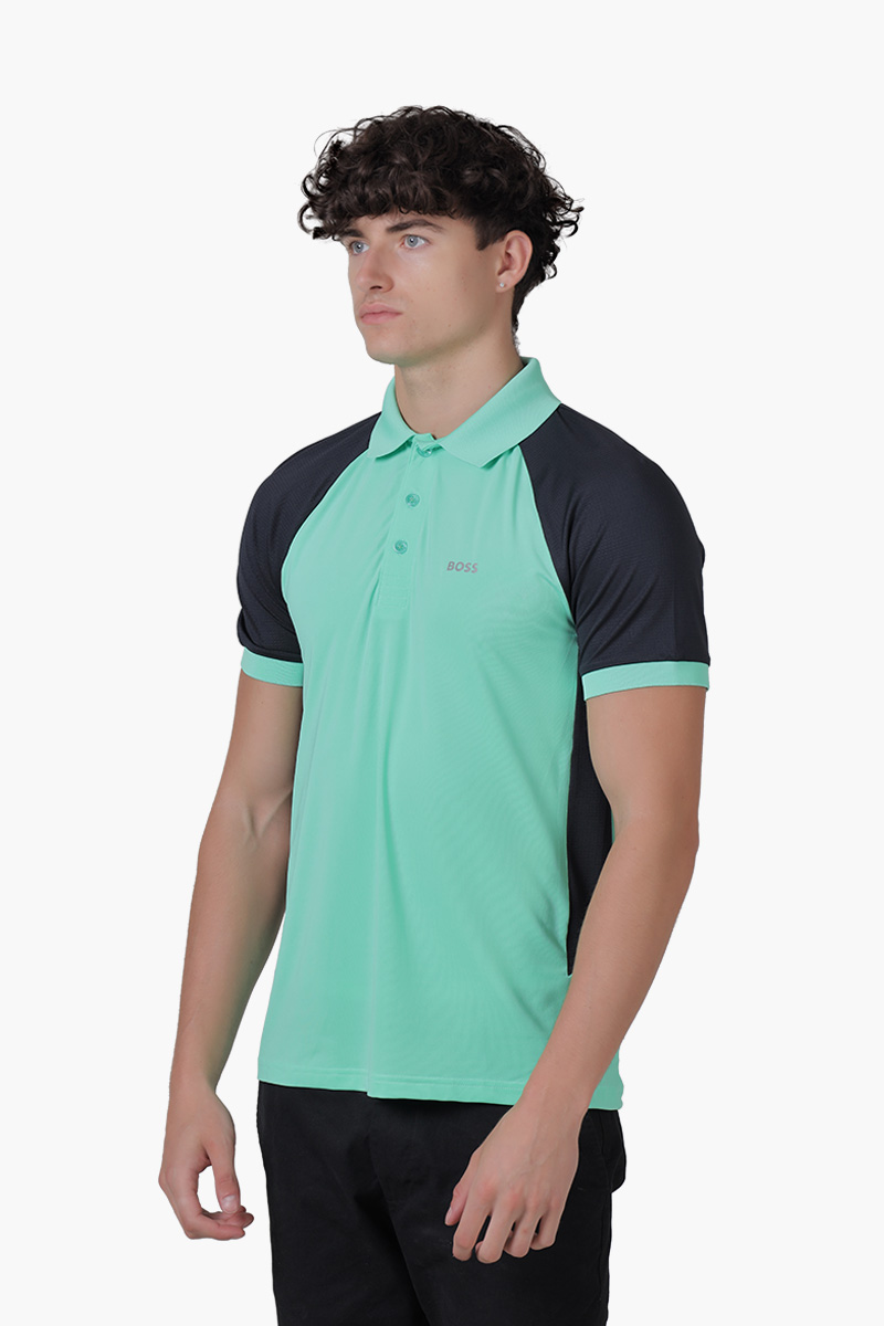HUGO BOSS Men Pauletech Performance-Stretch Slim Fit Polo Shirt in Turquoise/Dark Blue with Colour-Blocking 2