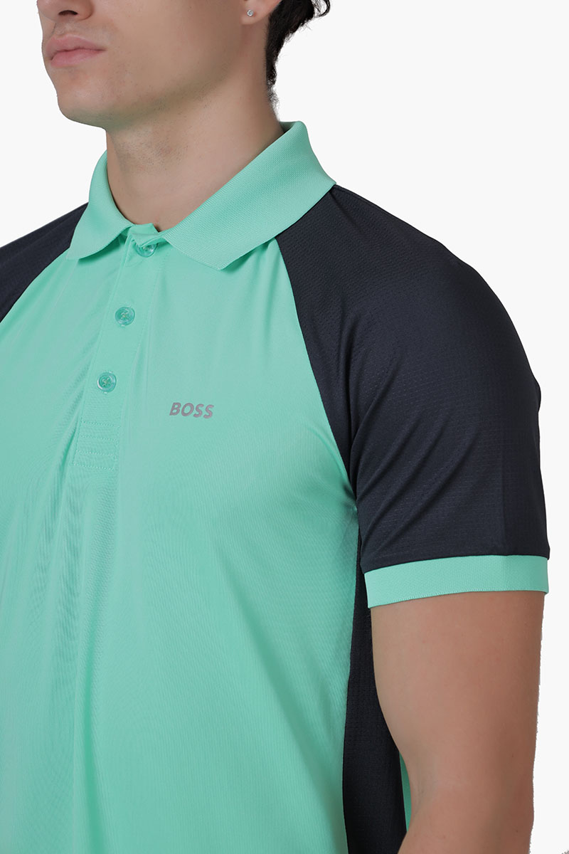 HUGO BOSS Men Pauletech Performance-Stretch Slim Fit Polo Shirt in Turquoise/Dark Blue with Colour-Blocking 3