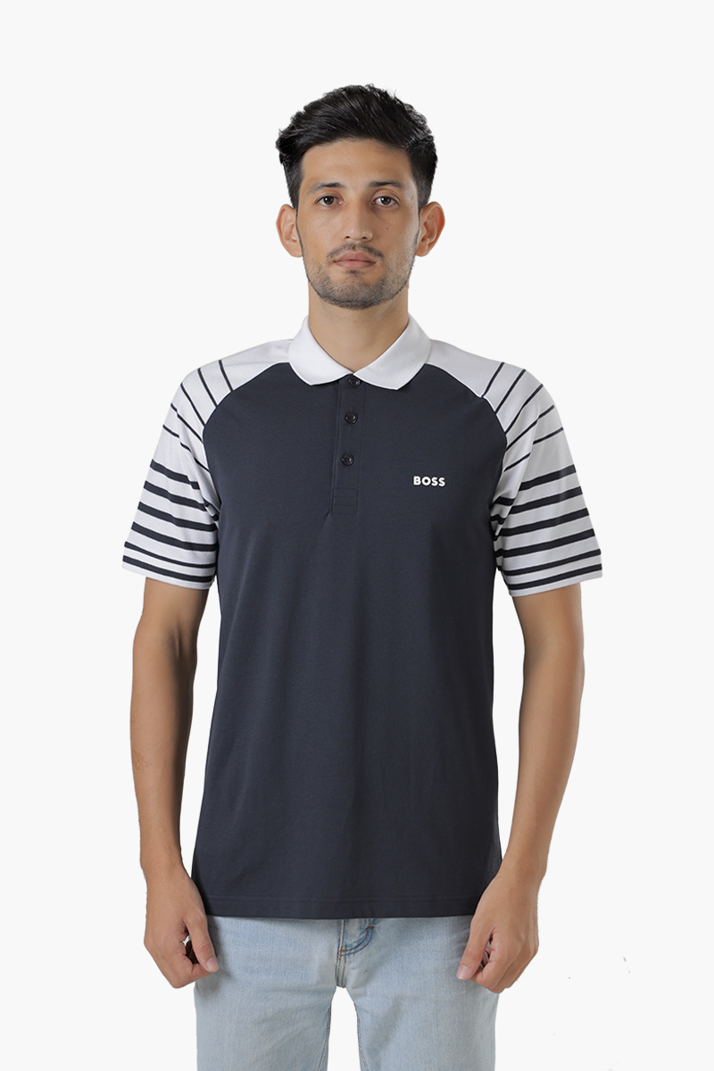 HUGO BOSS Men Paule 3 Slim Fit Polo Shirt in Dark Blue Multicolor with Stripes on Sleeve 0