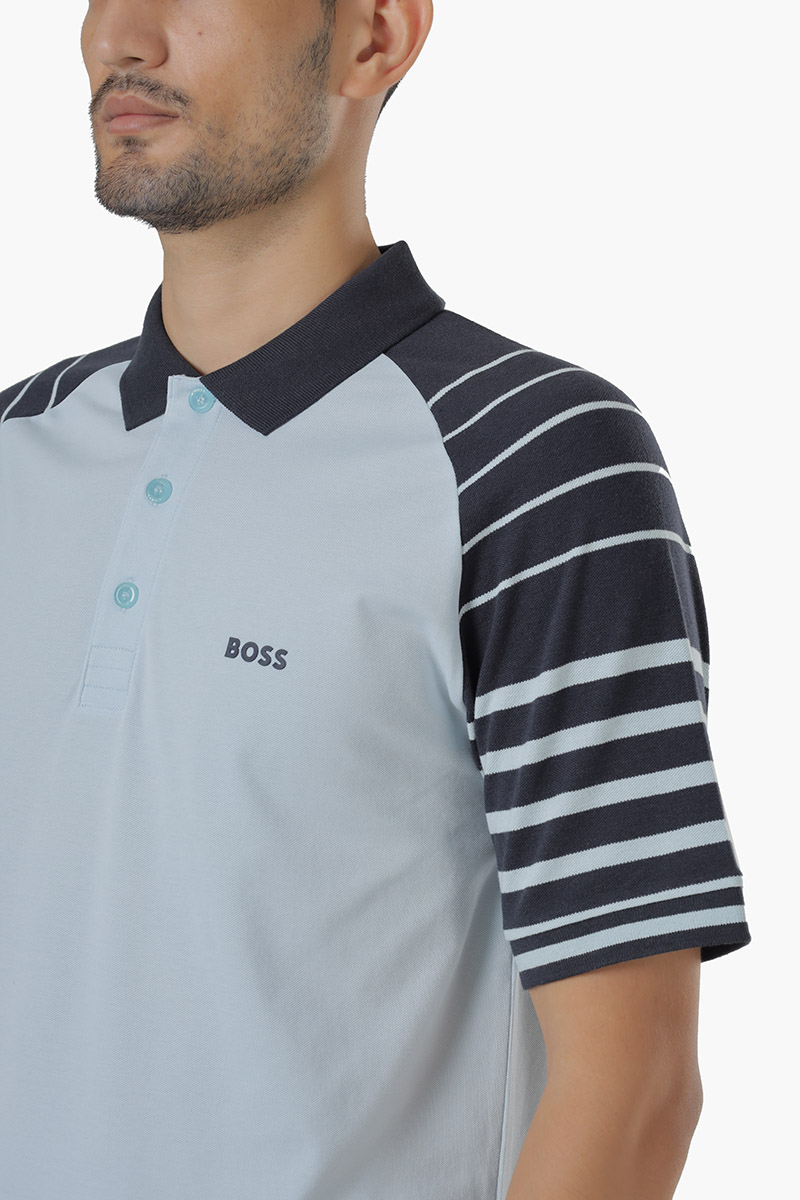 HUGO BOSS Men Paule 3 Slim Fit Polo Shirt in Baby Blue Multicolor with Stripes on Sleeve 3