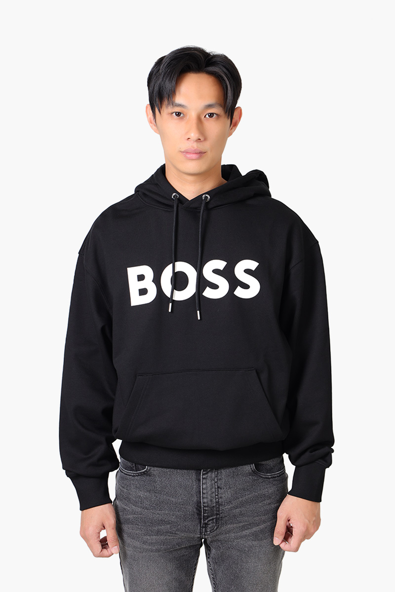 HUGO BOSS Men Sullivan 16 Cotton Terry Rubber Print Logo Sweatshirt in Black with Hoodie 0