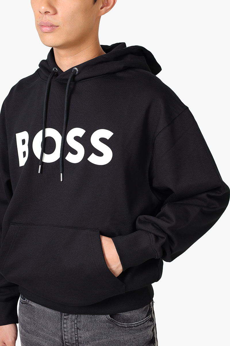 HUGO BOSS Men Sullivan 16 Cotton Terry Rubber Print Logo Sweatshirt in Black with Hoodie 4