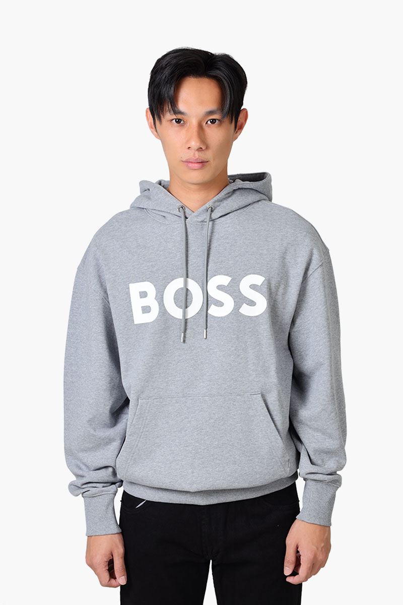 HUGO BOSS Men Sullivan 16 Cotton Terry Rubber Print Logo Sweatshirt in Silver with Hoodie 0