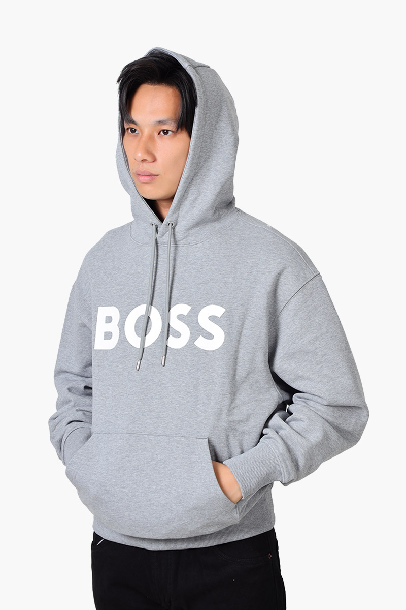 HUGO BOSS Men Sullivan 16 Cotton Terry Rubber Print Logo Sweatshirt in Silver with Hoodie 3