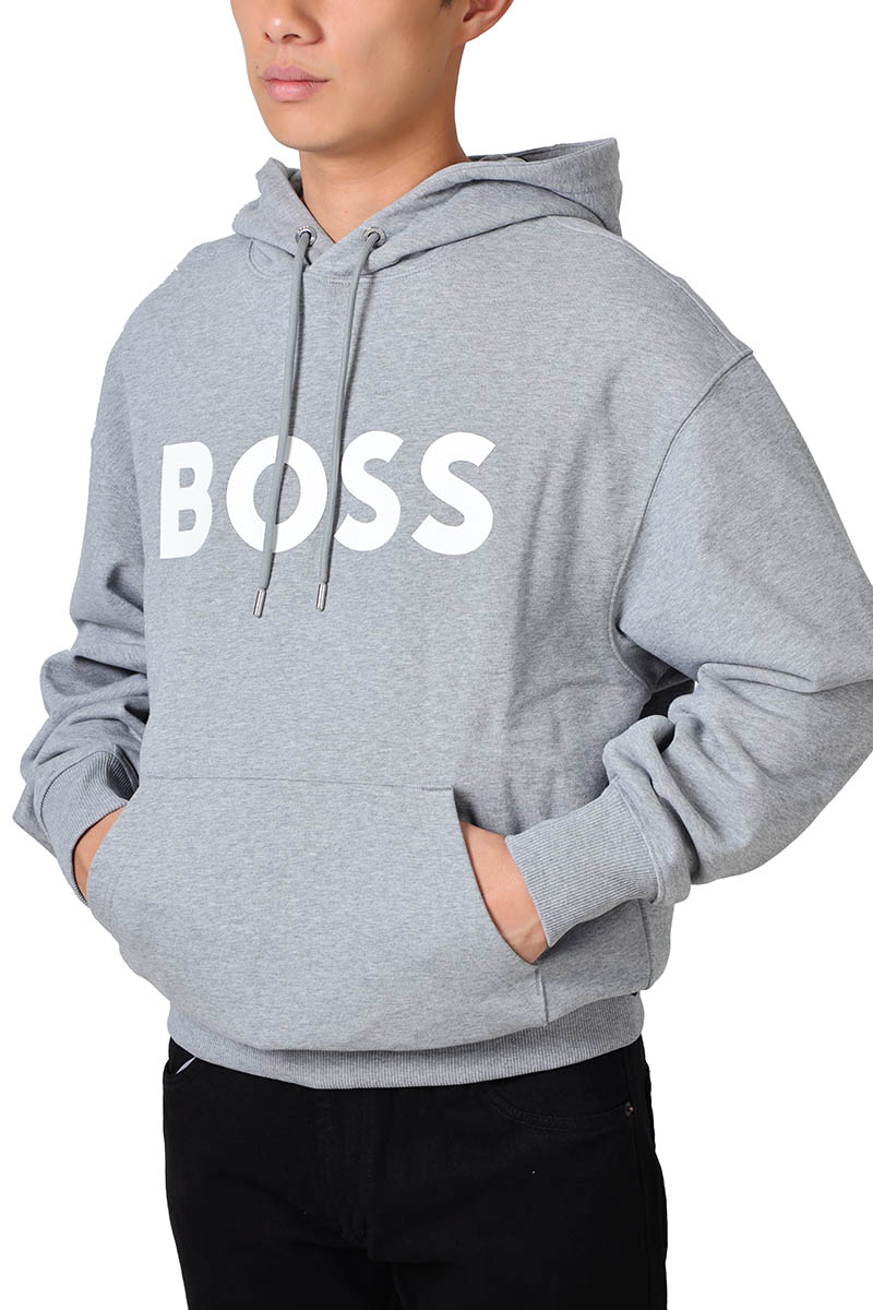 HUGO BOSS Men Sullivan 16 Cotton Terry Rubber Print Logo Sweatshirt in Silver with Hoodie 4