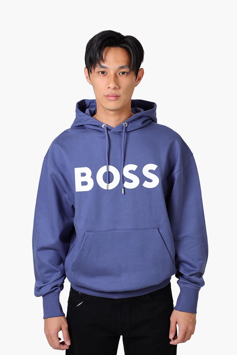 HUGO BOSS Men Sullivan 16 Cotton Terry Rubber Print Logo Sweatshirt in Air Force Blue with Hoodie 0