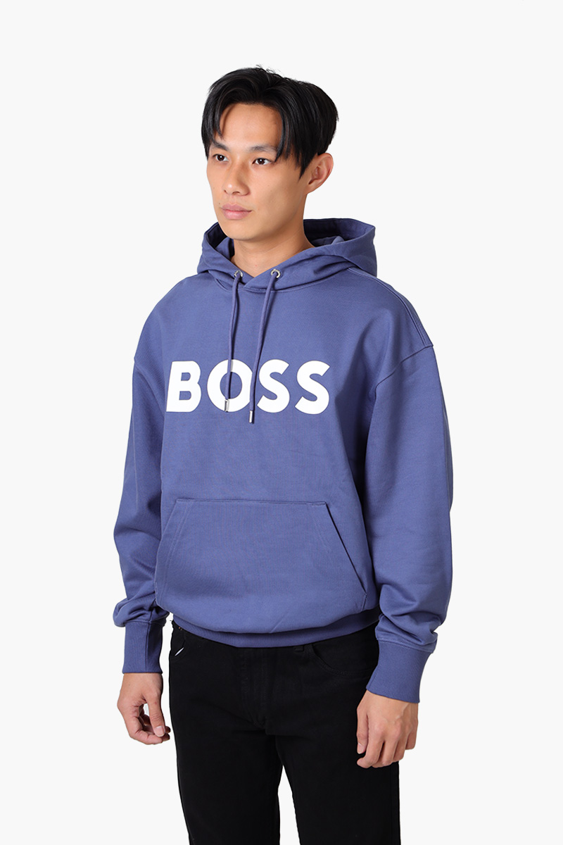 HUGO BOSS Men Sullivan 16 Cotton Terry Rubber Print Logo Sweatshirt in Air Force Blue with Hoodie 2