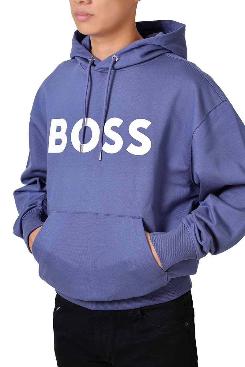 HUGO BOSS Men Sullivan 16 Cotton Terry Rubber Print Logo Sweatshirt in Air Force Blue with Hoodie 3