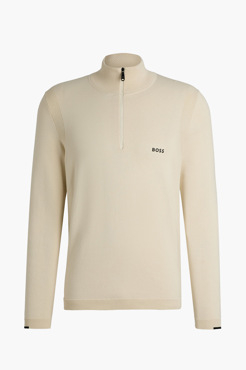 HUGO BOSS Men Ever X-QZ Cotton Blend Zip-Neck Sweater in Natural with Logo 0