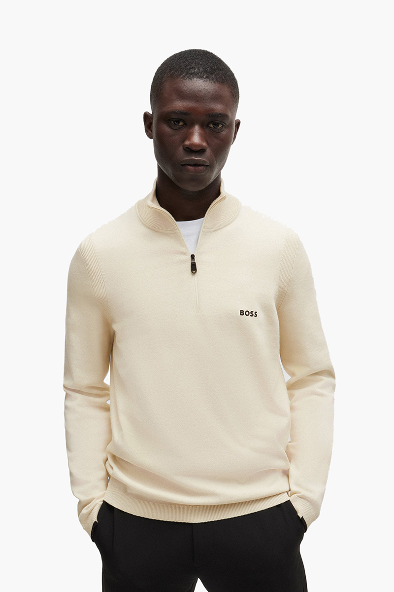 HUGO BOSS Men Ever X-QZ Cotton Blend Zip-Neck Sweater in Natural with Logo 1