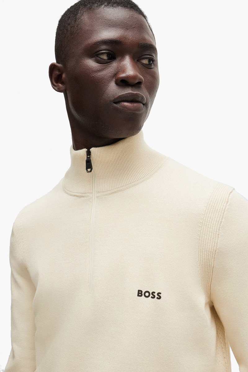 HUGO BOSS Men Ever X-QZ Cotton Blend Zip-Neck Sweater in Natural with Logo 3