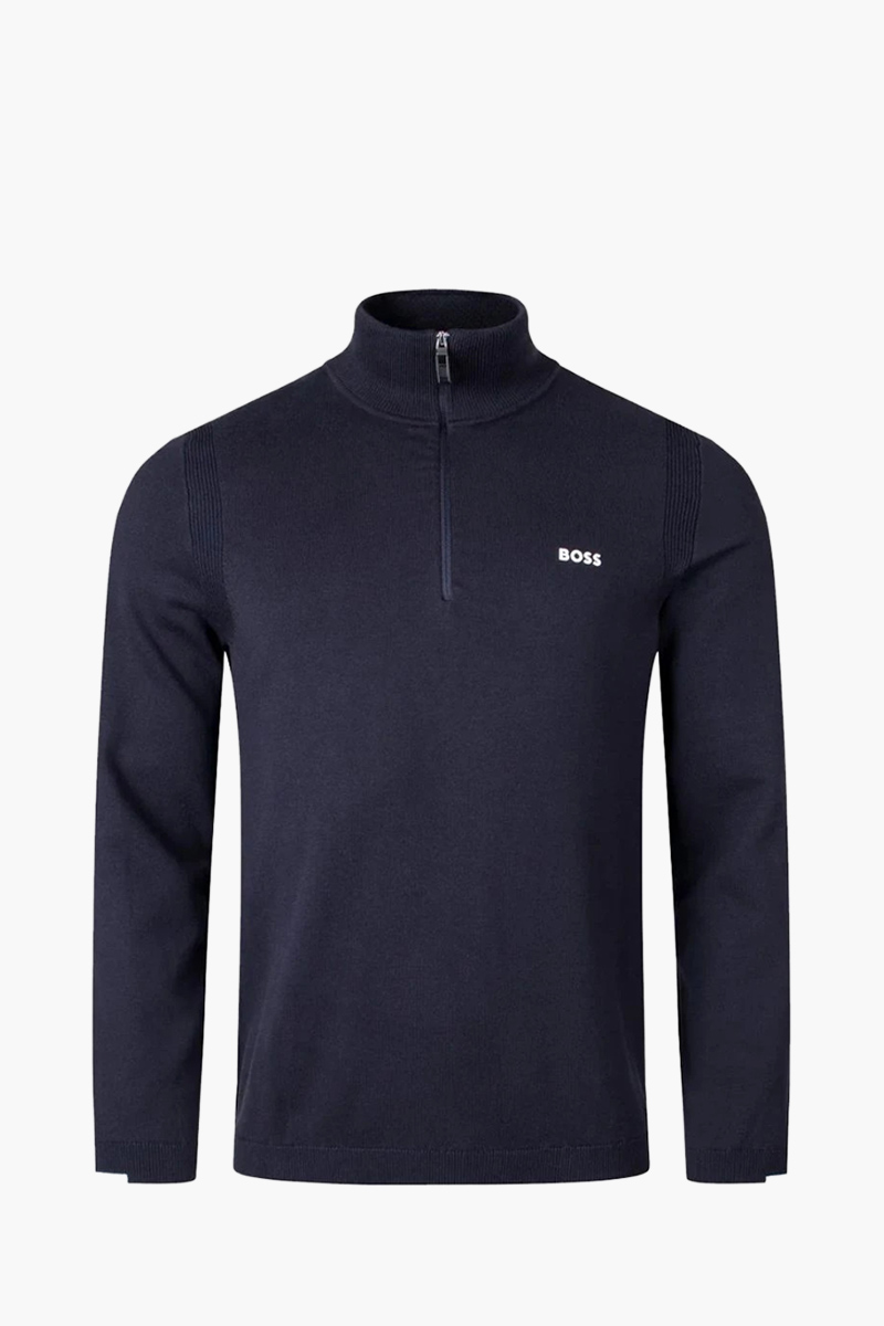 HUGO BOSS Men Ever X-QZ Cotton Blend Zip-Neck Sweater in Dark Blue with Logo 0