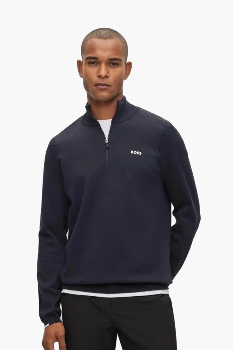 HUGO BOSS Men Ever X-QZ Cotton Blend Zip-Neck Sweater in Dark Blue with Logo 1