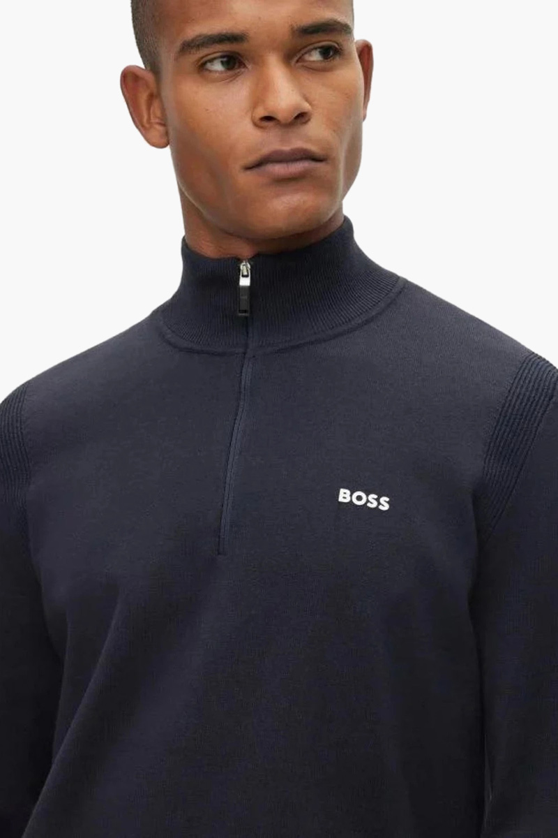 HUGO BOSS Men Ever X-QZ Cotton Blend Zip-Neck Sweater in Dark Blue with Logo 3