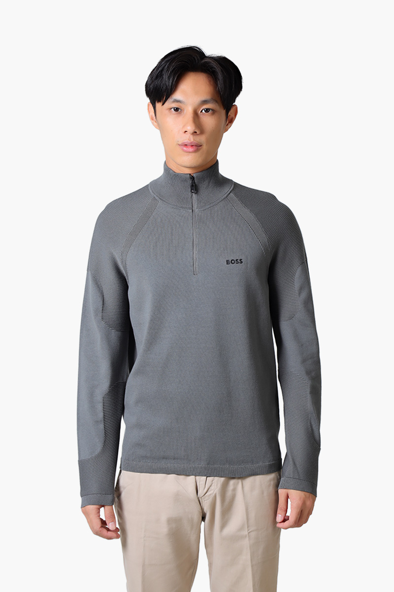 HUGO BOSS Men Perform X- QZ Cotton Blend Zip-Neck Sweater in Light Grey with Logo Detail 0