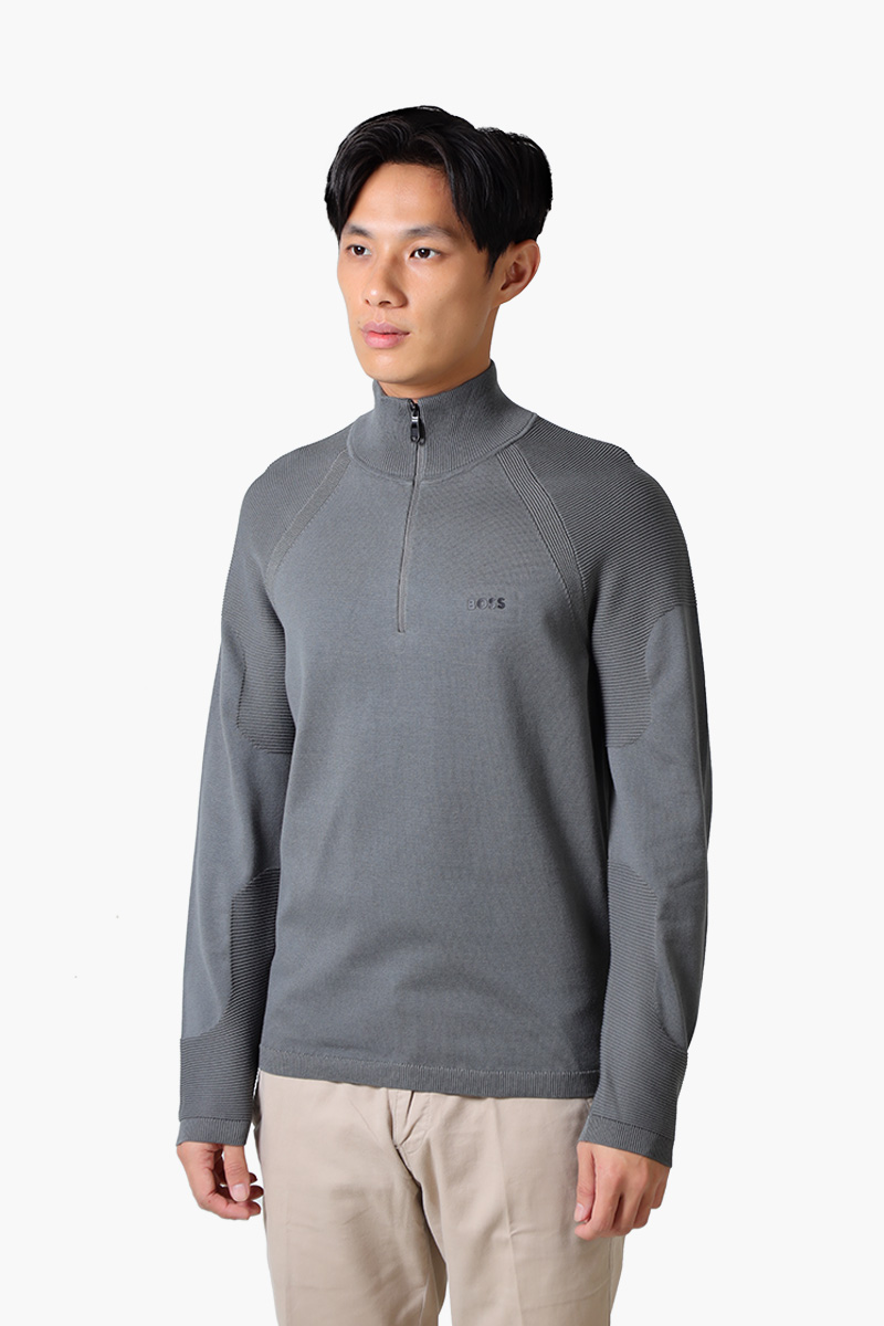 HUGO BOSS Men Perform X- QZ Cotton Blend Zip-Neck Sweater in Light Grey with Logo Detail 2