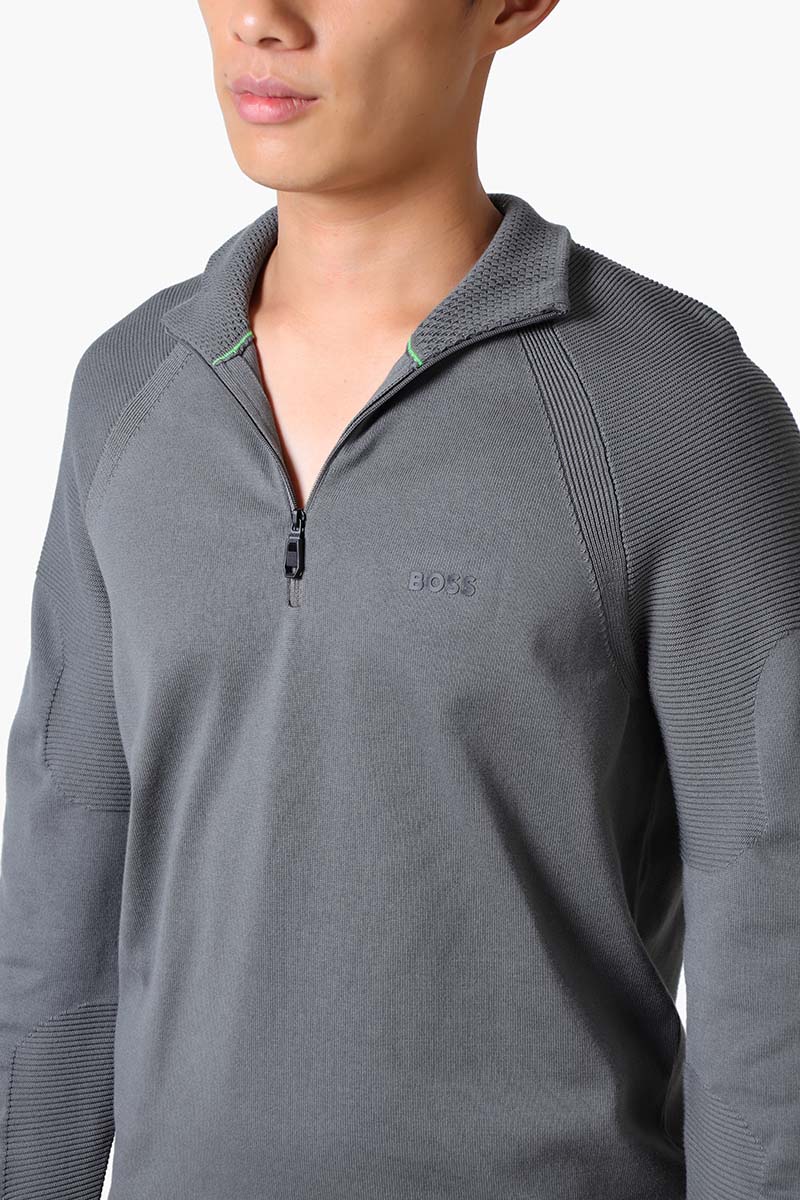 HUGO BOSS Men Perform X- QZ Cotton Blend Zip-Neck Sweater in Light Grey with Logo Detail 4