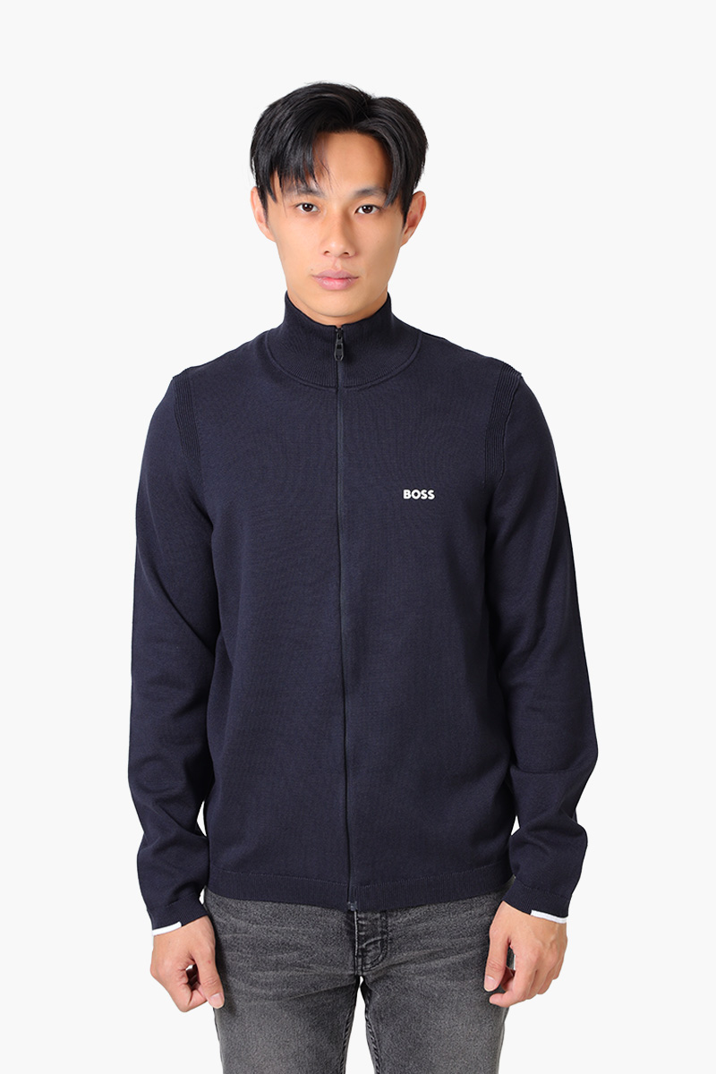 HUGO BOSS Men Ever-X FZ Cotton Blend Zip Up Cardigan in Dark Blue with Logo 0