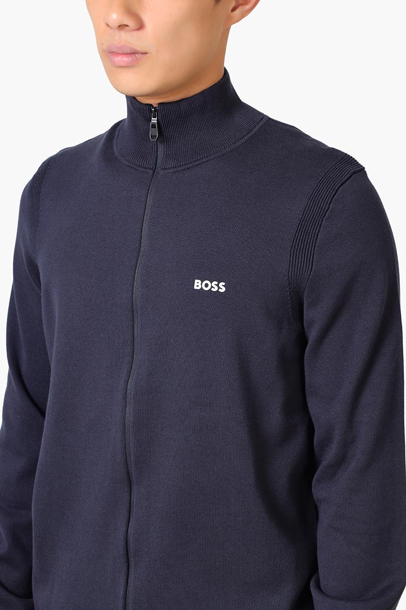 HUGO BOSS Men Ever-X FZ Cotton Blend Zip Up Cardigan in Dark Blue with Logo 3