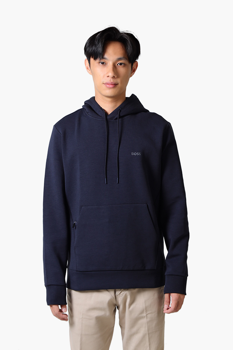 HUGO BOSS Men Soody Stretch-Cotton Sandwich Logo Sweatshirt in Navy Blue with Hoodie 0