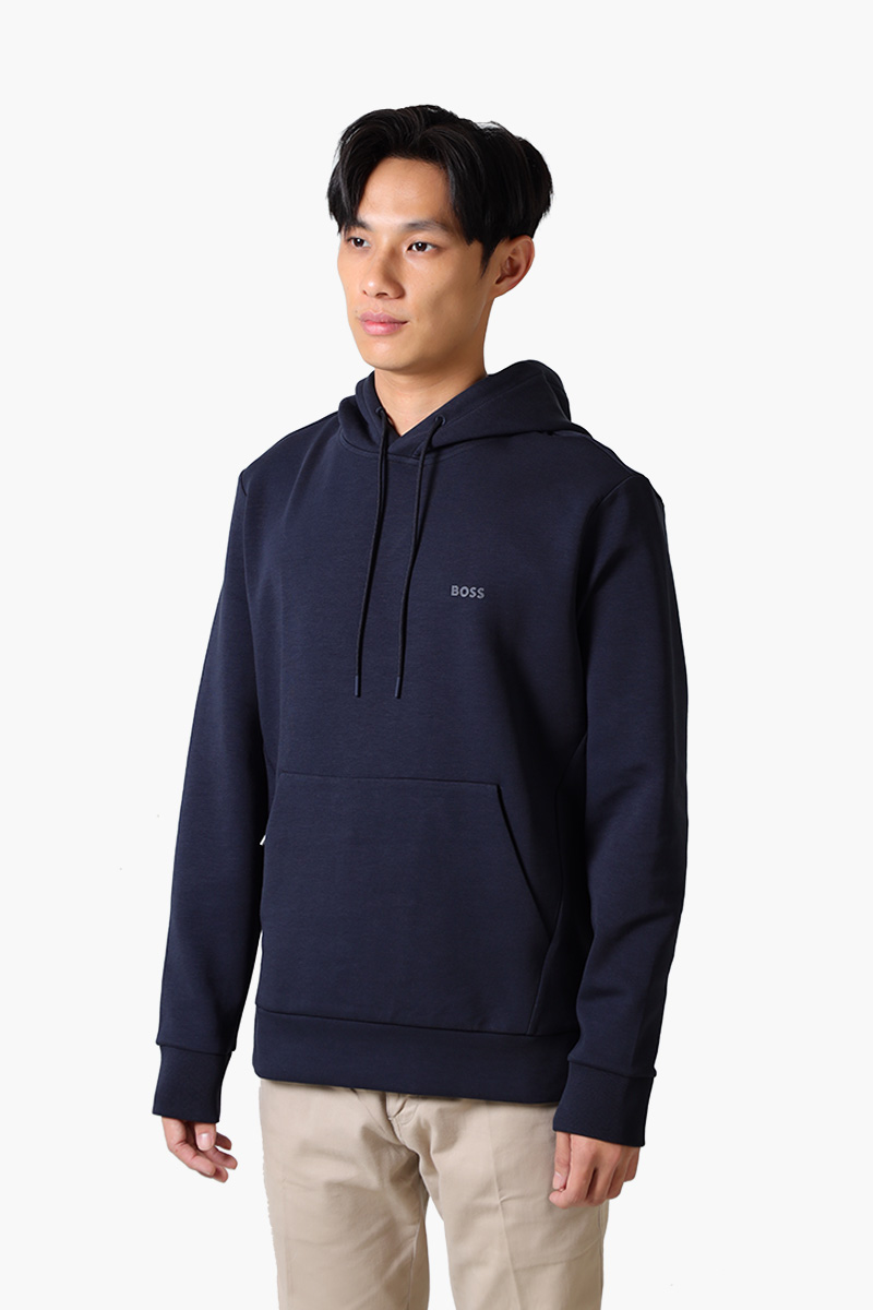 HUGO BOSS Men Soody Stretch-Cotton Sandwich Logo Sweatshirt in Navy Blue with Hoodie 2