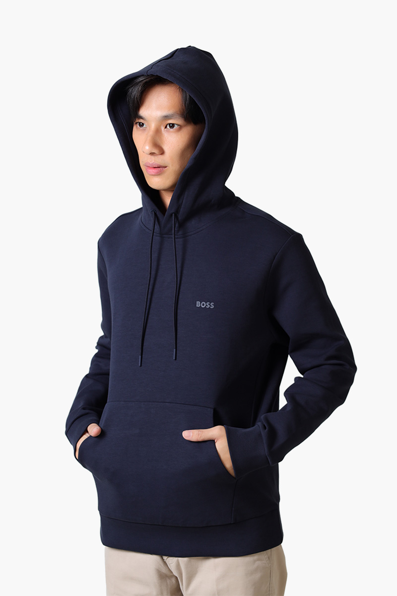 HUGO BOSS Men Soody Stretch-Cotton Sandwich Logo Sweatshirt in Navy Blue with Hoodie 3