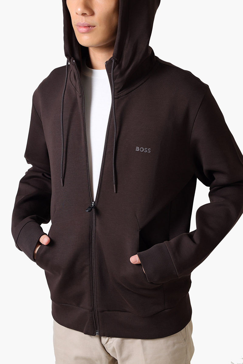 HUGO BOSS Men Saggy Zip Through Jacket in Medium Brown with Hoodie 3