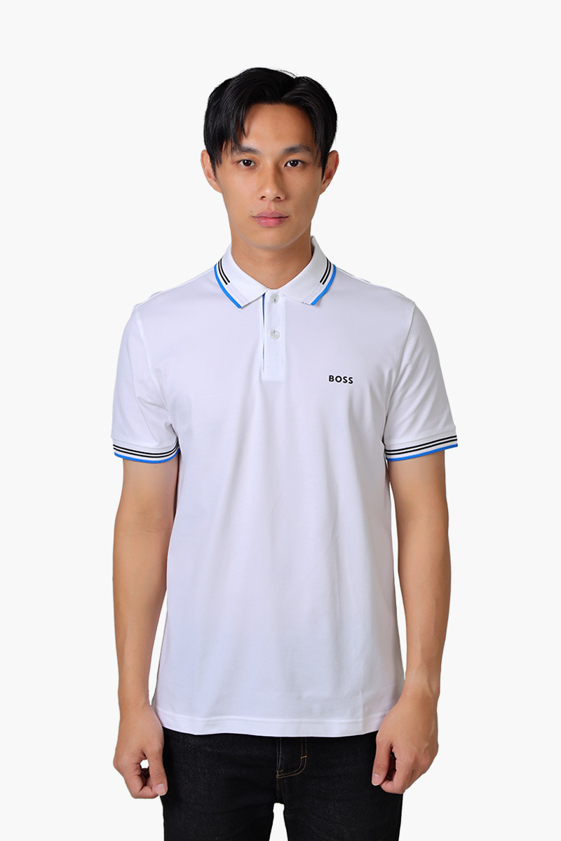 HUGO BOSS Men Paul Stretch Cotton Slim-Fit Polo Shirt in White/Blue with Logo 0