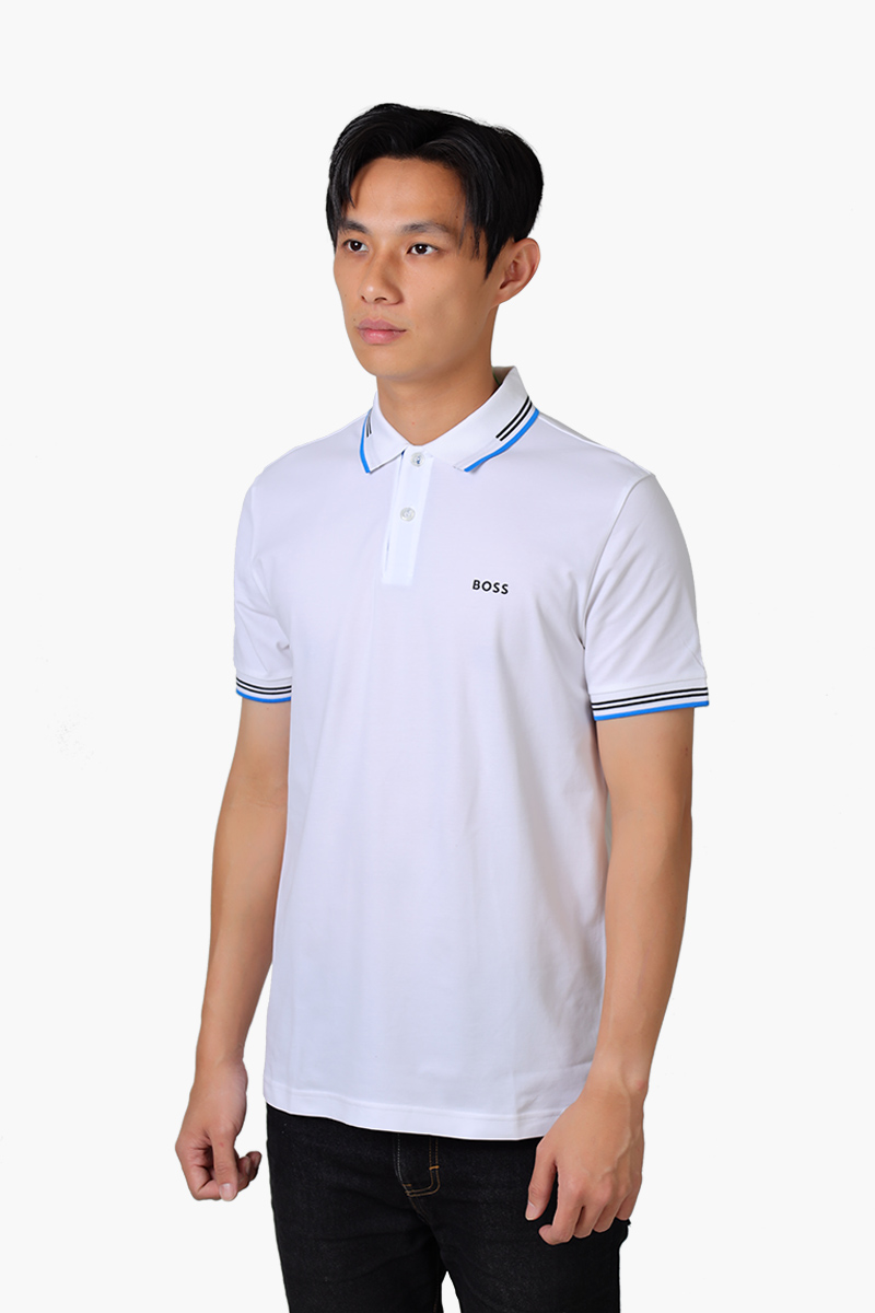 HUGO BOSS Men Paul Stretch Cotton Slim-Fit Polo Shirt in White/Blue with Logo 2