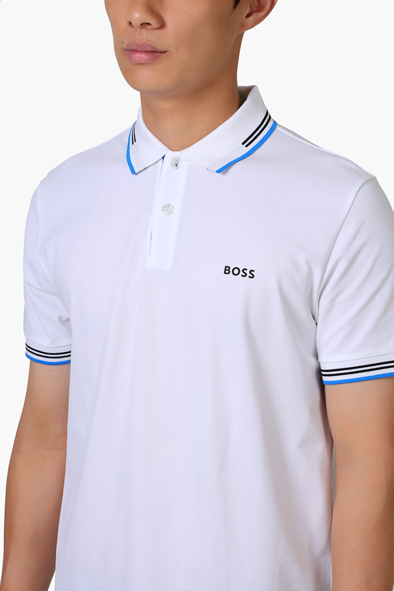 HUGO BOSS Men Paul Stretch Cotton Slim-Fit Polo Shirt in White/Blue with Logo 3