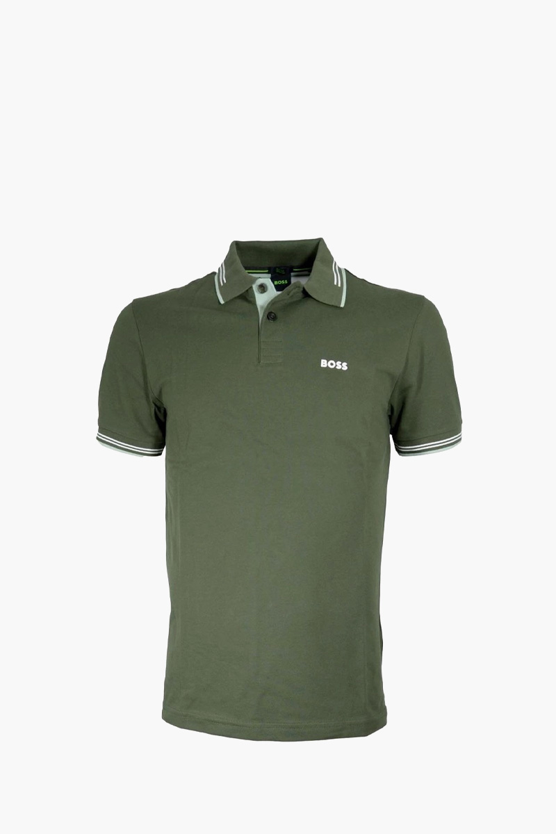 HUGO BOSS Men Paul Stretch Cotton Slim-Fit Polo Shirt in Green/Grey/White with Logo 0