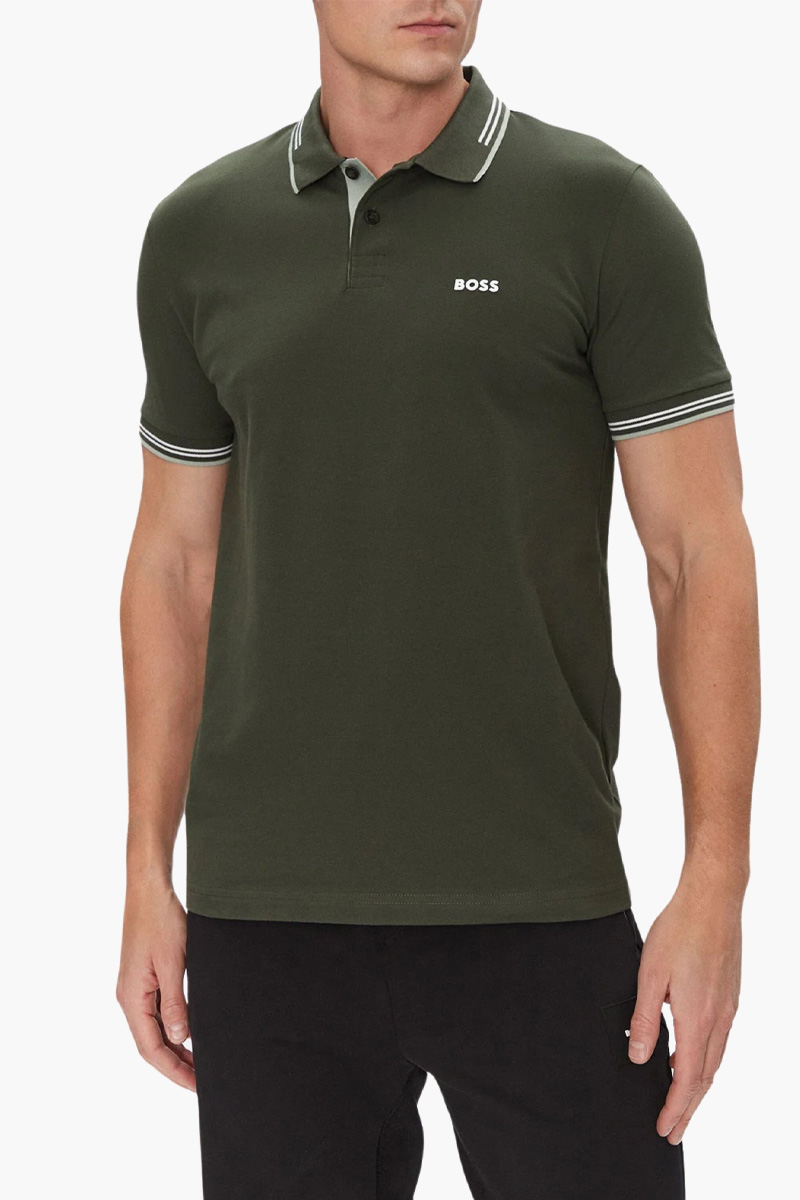 HUGO BOSS Men Paul Stretch Cotton Slim-Fit Polo Shirt in Green/Grey/White with Logo 1