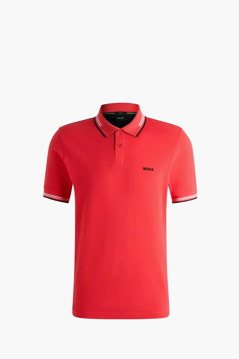 HUGO BOSS Men Paul Stretch Cotton Slim-Fit Polo Shirt in Light Red/Black/White with Logo 0
