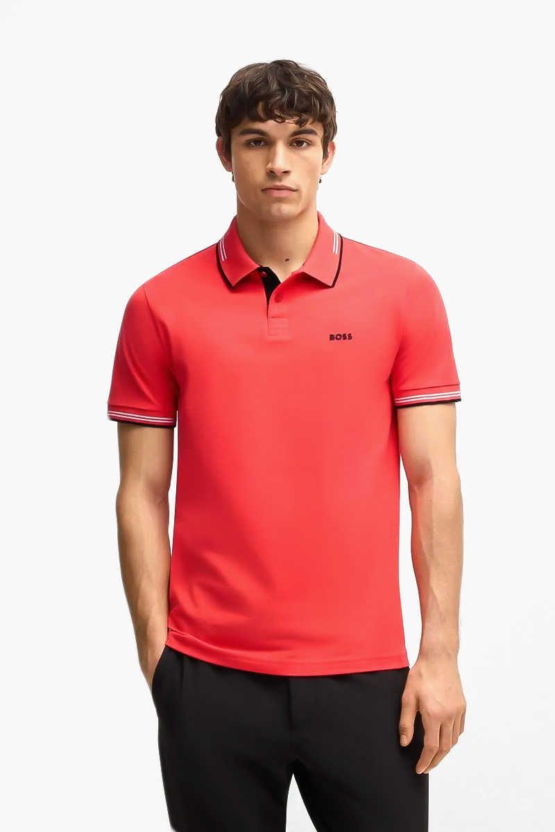 HUGO BOSS Men Paul Stretch Cotton Slim-Fit Polo Shirt in Light Red/Black/White with Logo 1