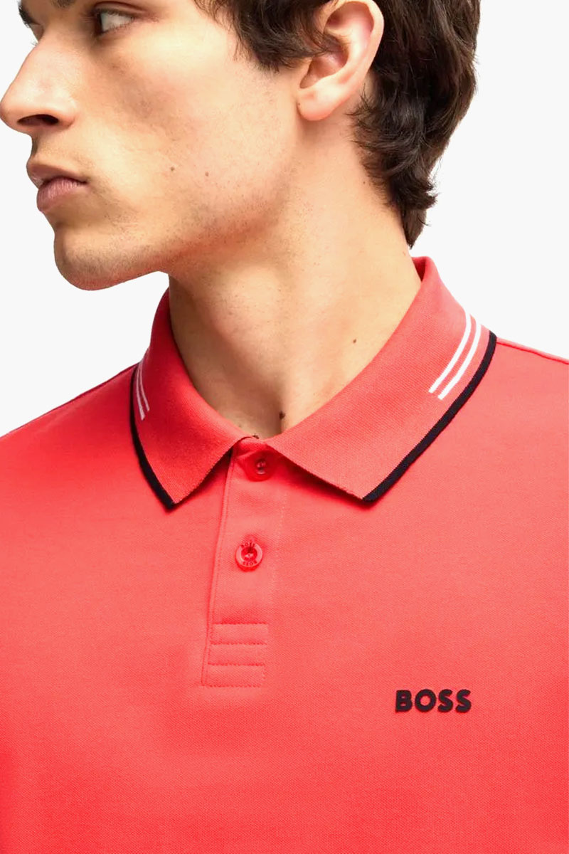HUGO BOSS Men Paul Stretch Cotton Slim-Fit Polo Shirt in Light Red/Black/White with Logo 3