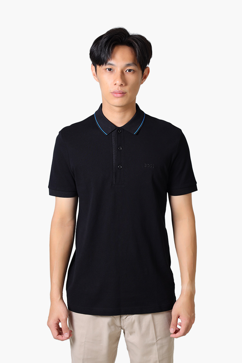 HUGO BOSS Men Paule 4 Stripe Detal Slim Fit Polo Shirt in Black/Blue Cotton Pique with Tonal Logo 0