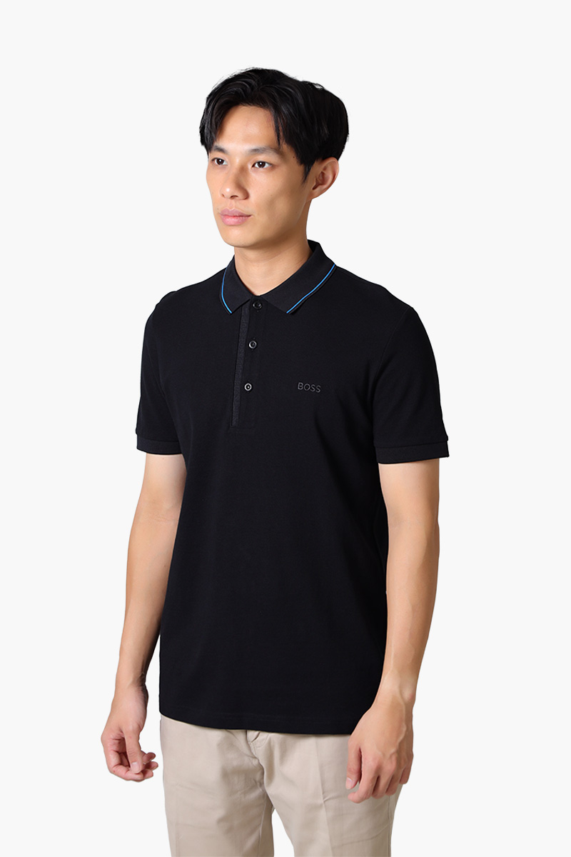 HUGO BOSS Men Paule 4 Stripe Detal Slim Fit Polo Shirt in Black/Blue Cotton Pique with Tonal Logo 2