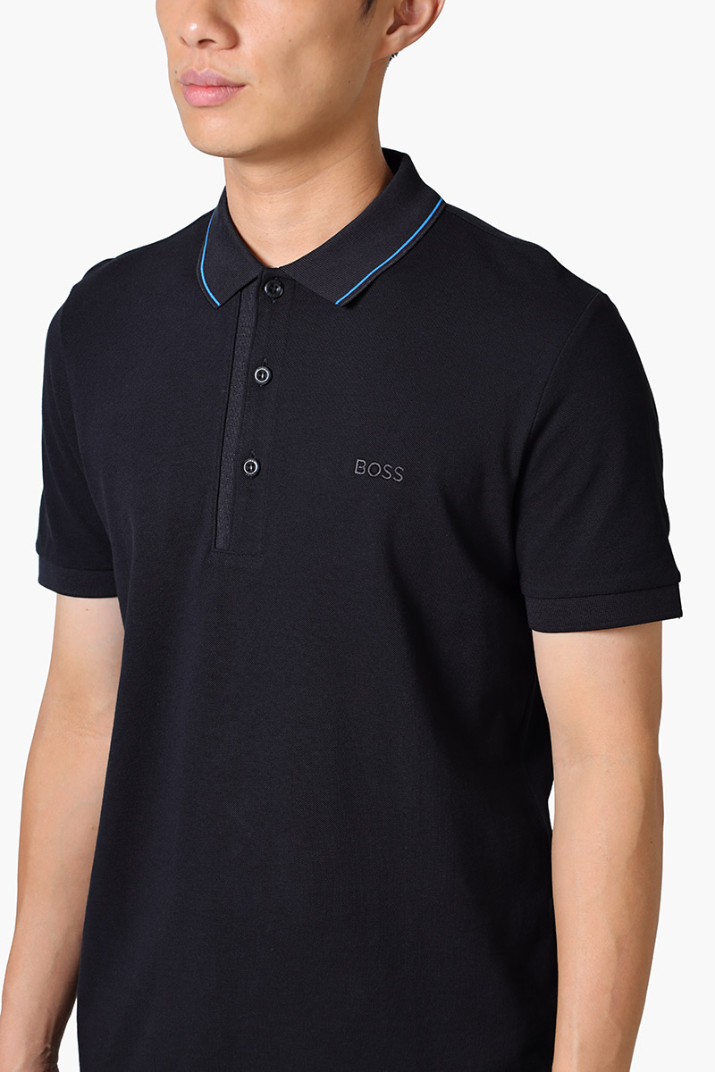 HUGO BOSS Men Paule 4 Stripe Detal Slim Fit Polo Shirt in Black/Blue Cotton Pique with Tonal Logo 3