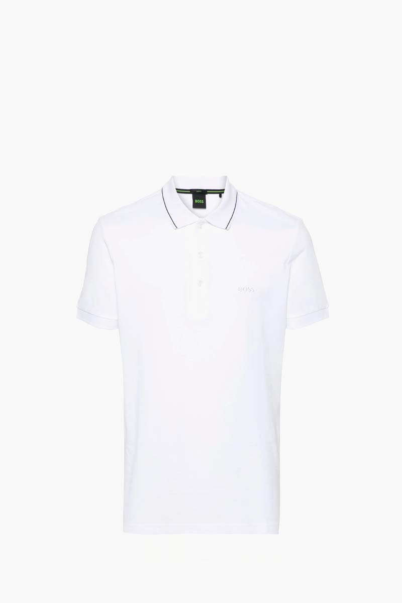 HUGO BOSS Men Paule 4 Stripe Detal Slim Fit Polo Shirt in White/Black Cotton Pique with Tonal Logo 0