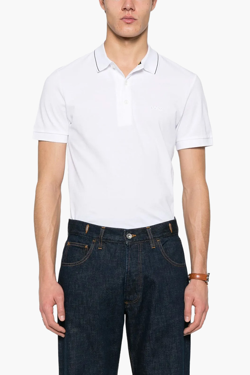 HUGO BOSS Men Paule 4 Stripe Detal Slim Fit Polo Shirt in White/Black Cotton Pique with Tonal Logo 1