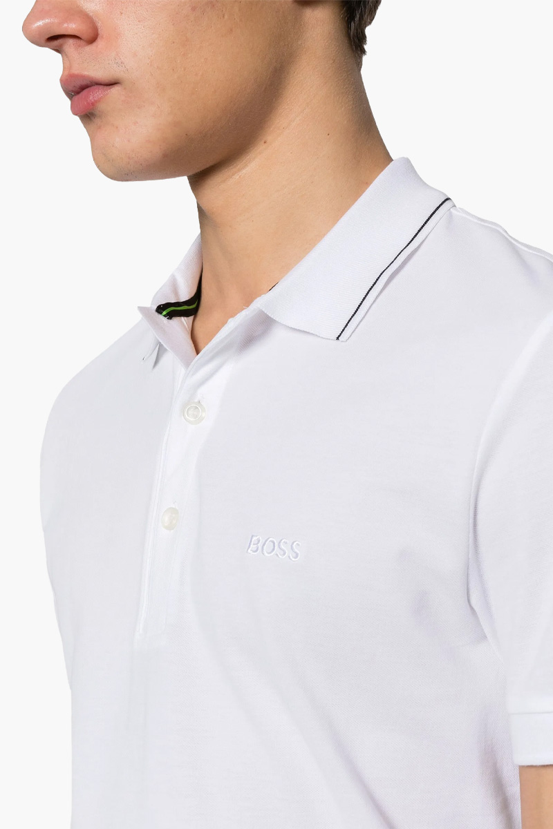 HUGO BOSS Men Paule 4 Stripe Detal Slim Fit Polo Shirt in White/Black Cotton Pique with Tonal Logo 3