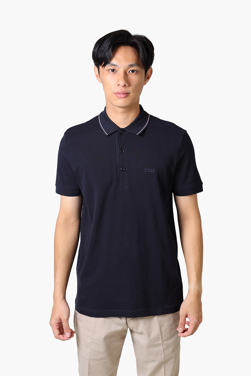 HUGO BOSS Men Paule 4 Stripe Detal Slim Fit Polo Shirt in Dark Blue/Pink Cotton Pique with Tonal Logo 0