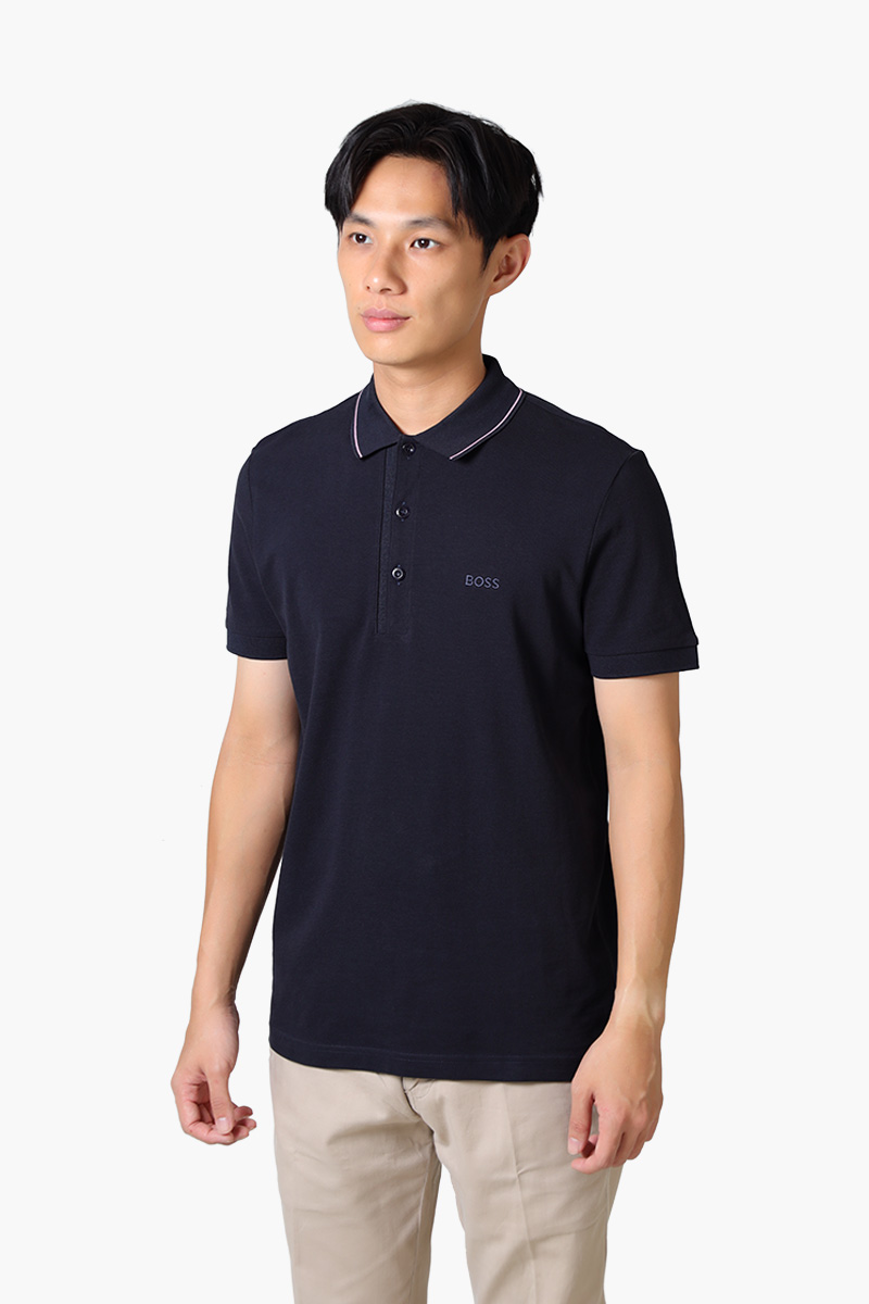 HUGO BOSS Men Paule 4 Stripe Detal Slim Fit Polo Shirt in Dark Blue/Pink Cotton Pique with Tonal Logo 2